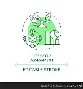 Life cycle assessment green concept icon. Impact study. Industrial ecology method abstract idea thin line illustration. Isolated outline drawing. Editable stroke. Arial, Myriad Pro-Bold fonts used. Life cycle assessment green concept icon