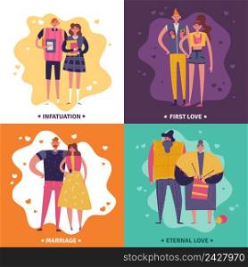 Life cycles of man and woman 2x2 design concept set of infatuation first love marriage and eternal love square icons flat vector illustration . Life Cycles 2x2 Design Concept
