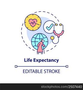 Life expectancy concept icon. Social protection. Measure of human development abstract idea thin line illustration. Isolated outline drawing. Editable stroke. Arial, Myriad Pro-Bold fonts used. Life expectancy concept icon