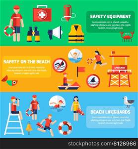 Life Guard Flat Banners Set. Beach lifeguards station service and safety equipment information 3 flat horizontal banners set abstract isolated vector illustration