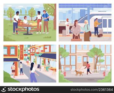 Life in modern city flat color vector illustration set. Dog walking. Chinese community. Meeting for picnic with friends 2D simple cartoon characters with cityscape on background collection. Life in modern city flat color vector illustration set