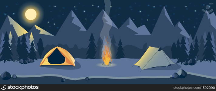 Life in nature. Journey. Camping at night in the mountains near the river. Hiking. Traveling. Adventure. Bonfire. Mountain landscape. Outdoor recreation. Flat illustration. Banner for website.