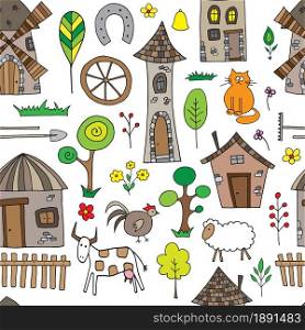 Life in the country collection elements. Hand drawn doodle seamless pattern vector illustration.