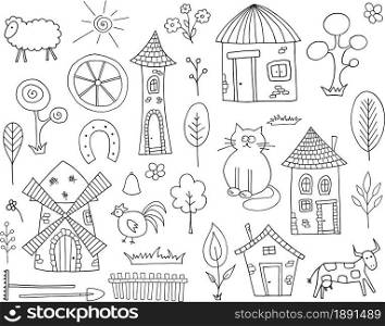 Life in the country collection elements. Hand drawn doodle set vector illustration.