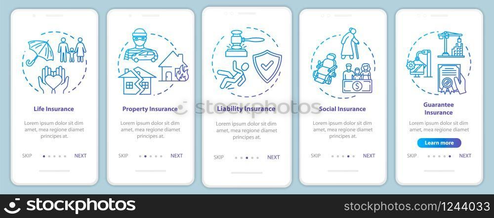 Life insurance onboarding mobile app page screen with concepts. Guaranteed payment. Liability walkthrough 5 steps graphic instructions. UI vector template with RGB color illustrations