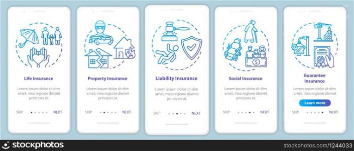 Life insurance onboarding mobile app page screen with concepts. Guaranteed payment. Liability walkthrough 5 steps graphic instructions. UI vector template with RGB color illustrations