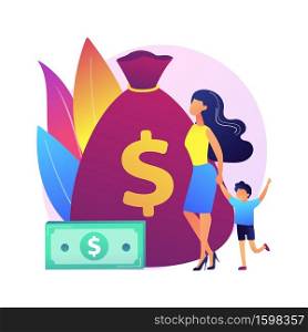 Life insurance. Welfare payments. Risk assurance. Parent with kid, mother with baby, woman with child. Secure parenthood. Bag with money. Vector isolated concept metaphor illustration.. Life insurance vector concept metaphor