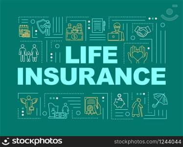 Life insurance word concepts banner. Risk management. Family healthcare plan. Infographics with linear icons on mint background. Isolated typography. Vector outline RGB color illustration