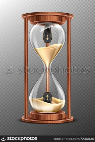 Life is short, RiP concept, hourglass with coffins inside and pouring sand. Glass clock in wooden frame, realistic 3d vector timer with flowing grains and caskets isolated on transparent background. Life is short, RiP concept, hourglass with coffins