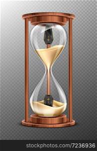 Life is short, RiP concept, hourglass with coffins inside and pouring sand. Glass clock in wooden frame, realistic 3d vector timer with flowing grains and caskets isolated on transparent background. Life is short, RiP concept, hourglass with coffins