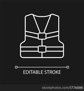 Life jacket white linear icon for dark theme. Flotation device. Swim vest for water sports. Thin line customizable illustration. Isolated vector contour symbol for night mode. Editable stroke. Life jacket white linear icon for dark theme