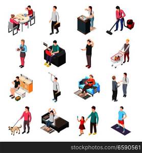 Life of ordinary people isometric icons set with men and women involved in daily routine work isolated vector illustration. Life Of Ordinary People Isometric Icons 