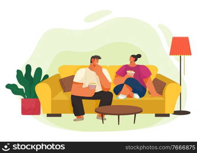 Life of young couple sitting on sofa and eating popcorn. Domestic leisure of wife and husband at home. Interior view of room man and woman on soft seat near coffeetable, l&and houseplant vector. People Leisure at Home Couple with Popcorn Vector