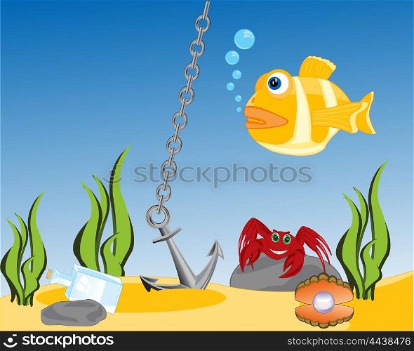 Life on day of the ocean. The Bottom of the ocean with sea inhabitant.Vector illustration