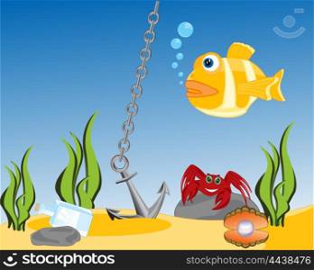 Life on day of the ocean. The Bottom of the ocean with sea inhabitant.Vector illustration