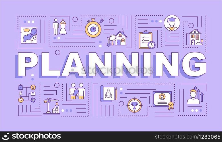 Life planning word concepts banner. Goals setting. Project development. Infographics with linear icons on light purple background. Isolated typography. Vector outline RGB color illustration