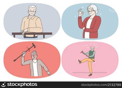 Life routine and situations concept. Set of mature aged people men and women grandparents showing ok sign playing with stick smiling and feeling furious vector illustration. Life routine and situations concept