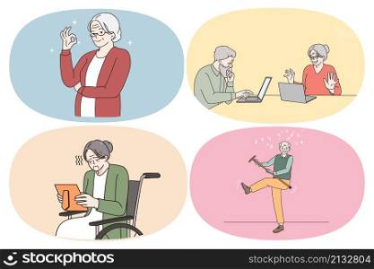 Life situations of pensioners concept. Set of mature people grandparents showing ok sign playing with stick learning online chat and laptop and feeling lonely looking at photo vector illustration. Life situations of pensioners concept