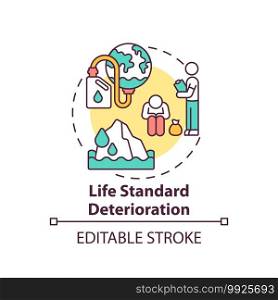 Life standard deterioration concept icon. Climate justice idea thin line illustration. Vector isolated outline RGB color drawing. Low-income communities. Human influence on nature. Editable stroke. Life standard deterioration concept icon