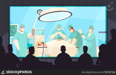 Life surgery big screen demonstration in darkened room isometric composition with operating team patient audience vector illustration