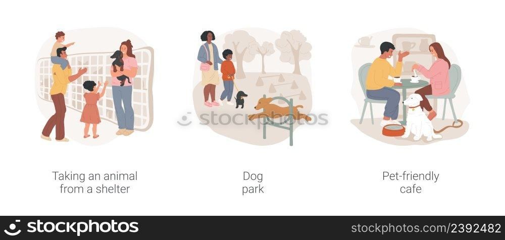 Life with a dog isolated cartoon vector illustration set. Adopt puppy from shelter, urban dog park, agility training equipment, pet-friendly cafe, family sit together at table vector cartoon.. Life with a dog isolated cartoon vector illustration set.
