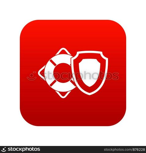 Lifebuoy and safety shield icon digital red for any design isolated on white vector illustration. Lifebuoy and safety shield icon digital red