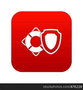 Lifebuoy and safety shield icon digital red for any design isolated on white vector illustration. Lifebuoy and safety shield icon digital red