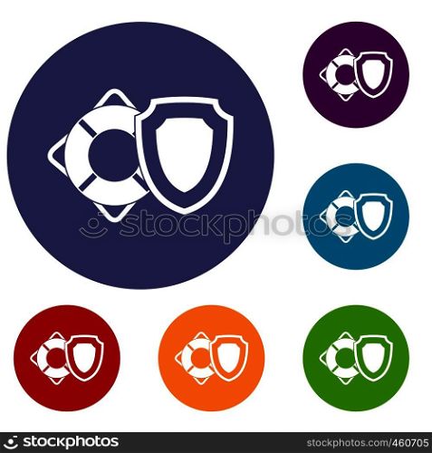 Lifebuoy and safety shield icons set in flat circle reb, blue and green color for web. Lifebuoy and safety shield icons set