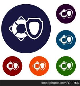 Lifebuoy and safety shield icons set in flat circle reb, blue and green color for web. Lifebuoy and safety shield icons set
