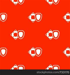 Lifebuoy and safety shield pattern repeat seamless in orange color for any design. Vector geometric illustration. Lifebuoy and safety shield pattern seamless