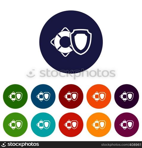 Lifebuoy and safety shield set icons in different colors isolated on white background. Lifebuoy and safety shield set icons