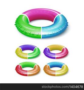 Lifebuoy Children Life Saver Equipment Set Vector. Collection Of Life Safety Tool For Safety Swimming In Pool Or Sea. Survival Round Lifebelt Lifeguard Device Layout Realistic 3d Illustrations. Lifebuoy Children Life Saver Equipment Set Vector
