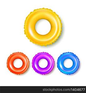 Lifebuoy Equipment For Swimming In Pool Set Vector. Collection In Different Bright Color Inflated Rubber Lifebuoy. Water Safety Flotation Hoop Colored Template Realistic 3d Illustrations. Lifebuoy Equipment For Swimming In Pool Set Vector