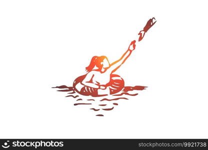 lifebuoy, hand, help, safe, woman concept. Hand drawn woman sink and need help concept sketch. Isolated vector illustration.. lifebuoy, hand, help, safe, woman concept. Hand drawn isolated vector.