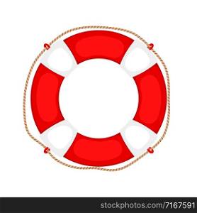 Lifebuoy on white. Life preserver rubber safety ring with rope, round lifesaver isolated, protect support insurance security equipment, vector illustration. Lifebuoy on white