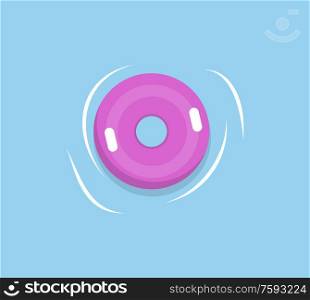 Lifebuoy or lifesaver isolated pink rubber circle in sea waters. Vector marine safety equipment, purple round life belt for swimming in deep marines. Lifebuoy or Lifesaver Isolated Pink Rubber in Sea