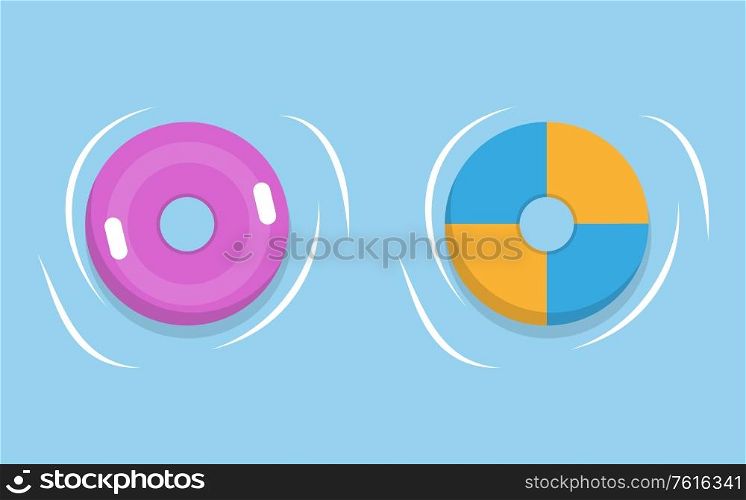 Lifebuoy or lifesaver round inflatable rings in blue water. Vector purple and yellow safety buoys, rubber swimming equipment, nautical floating rafts. Lifebuoy or Lifesaver Round Inflatable Rings Water