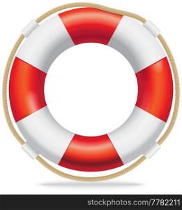 Lifebuoy red and white life ring with rope. Device for rescuing drowning sailor. Remedy for people who can not swim. Lifebuoy for pulling people out of water. Rescue device marine ship equipment. Red lifebuoy with rope isolated on white background. Life-saving remedy for drowning man