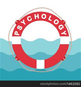 Lifebuoy with an inscription psychology.Concept of psychological assistance.Help, support, therapy.Emotional problems, anxiety, depression, fear, depression.Flat vector illustration
