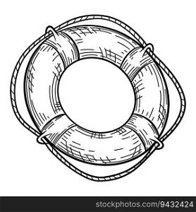 Lifebuoy with rope isolated sketch. Hand drawn life ring in engraving style. Vintage vector illustration. Lifebuoy with rope isolated sketch. Hand drawn life ring in engraving style.
