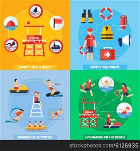 Lifeguard 4 Flat Icons Square Composition . Lifeguards on the beach 4 flat icons square composition poster with safety equipment abstract isolated vector illustration