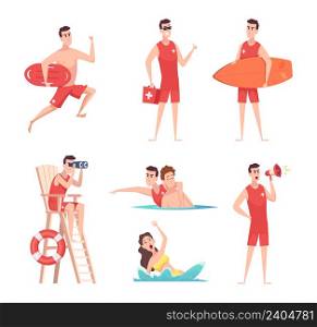 Lifeguard at beach. Summer vacation safety on the sea kids enjoying in water recreational time people working exact vector outdoor characters. Characters lifeguard illustration, safety on water. Lifeguard at beach. Summer vacation safety on the sea kids enjoying in water recreational time people working exact vector outdoor characters
