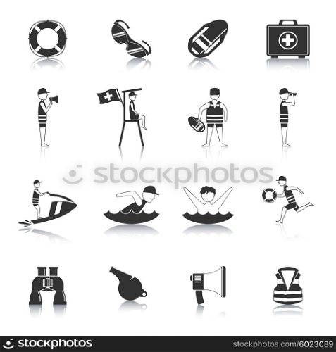 Lifeguard Black Icons Set. Lifeguard water rescue and safety accessories for swimmers and surfers black icons set abstract isolated vector illustration
