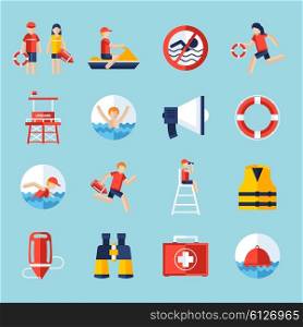 Lifeguard icons set. Lifeguard flat icons set with swimming people and water rescue symbols isolated vector illustration