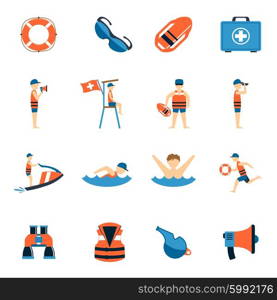 Lifeguard Icons Set. Lifeguard icons set with water safety equipment symbols flat isolated vector illustration