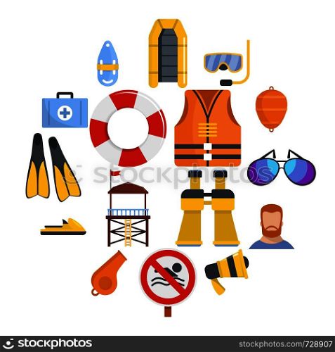 Lifeguard save icons set. Flat illustration of 16 lifeguard save vector icons for web. Lifeguard save icons set, flat style