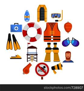 Lifeguard save icons set. Flat illustration of 16 lifeguard save vector icons for web. Lifeguard save icons set, flat style