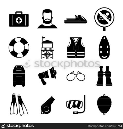 Lifeguard save icons set. Simple illustration of 16 lifeguard save vector icons for web. Lifeguard save icons set, simple style