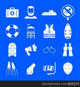 Lifeguard save icons set. Simple illustration of 16 lifeguard save vector icons for web. Lifeguard save icons set, simple style