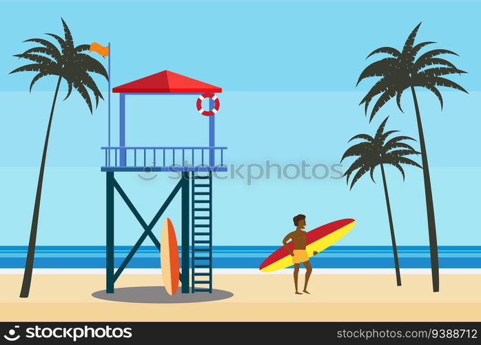 Lifeguard station on the beach palms, surfer, coast ocean, sea. Summer ...